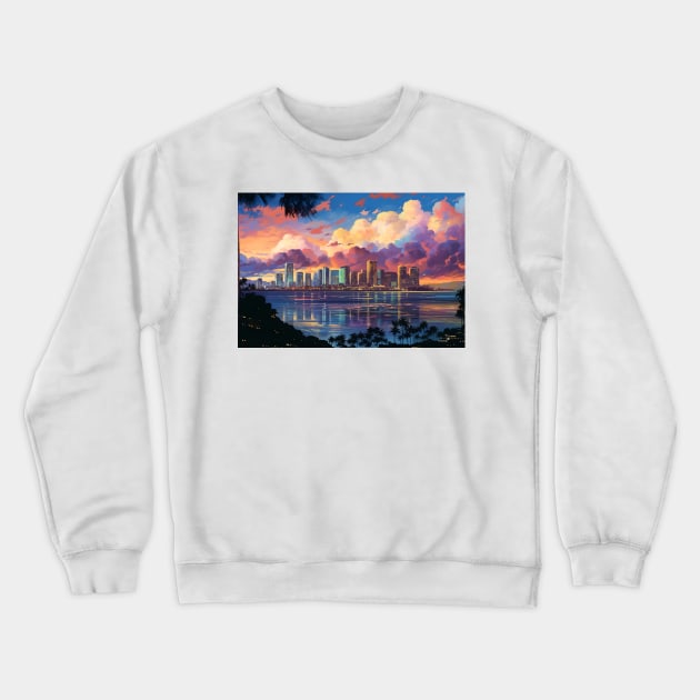 Anime Honolulu A Vibrant Anime Inspired Cityscape Crewneck Sweatshirt by Artwear Cafe